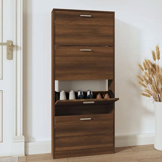 Axton Wooden Shoe Storage Cabinet With 4 Flaps In Brown Oak