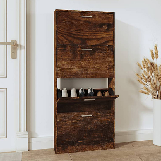 Axton Wooden Shoe Storage Cabinet With 4 Flaps In Smoked Oak