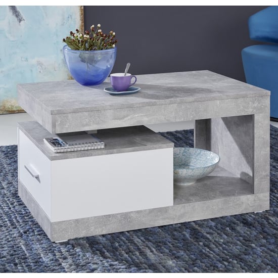 Read more about Ayano 1 drawer coffee table in white and stone cement grey