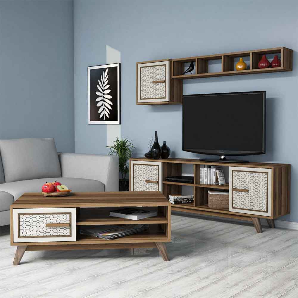 Ayla Wooden Entertainment Unit with Coffee Table Set in Walnut and Cream
