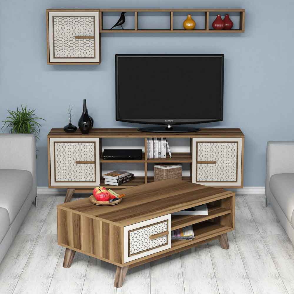 Ayla Wooden Entertainment Unit with Coffee Table Set in Walnut and Cream