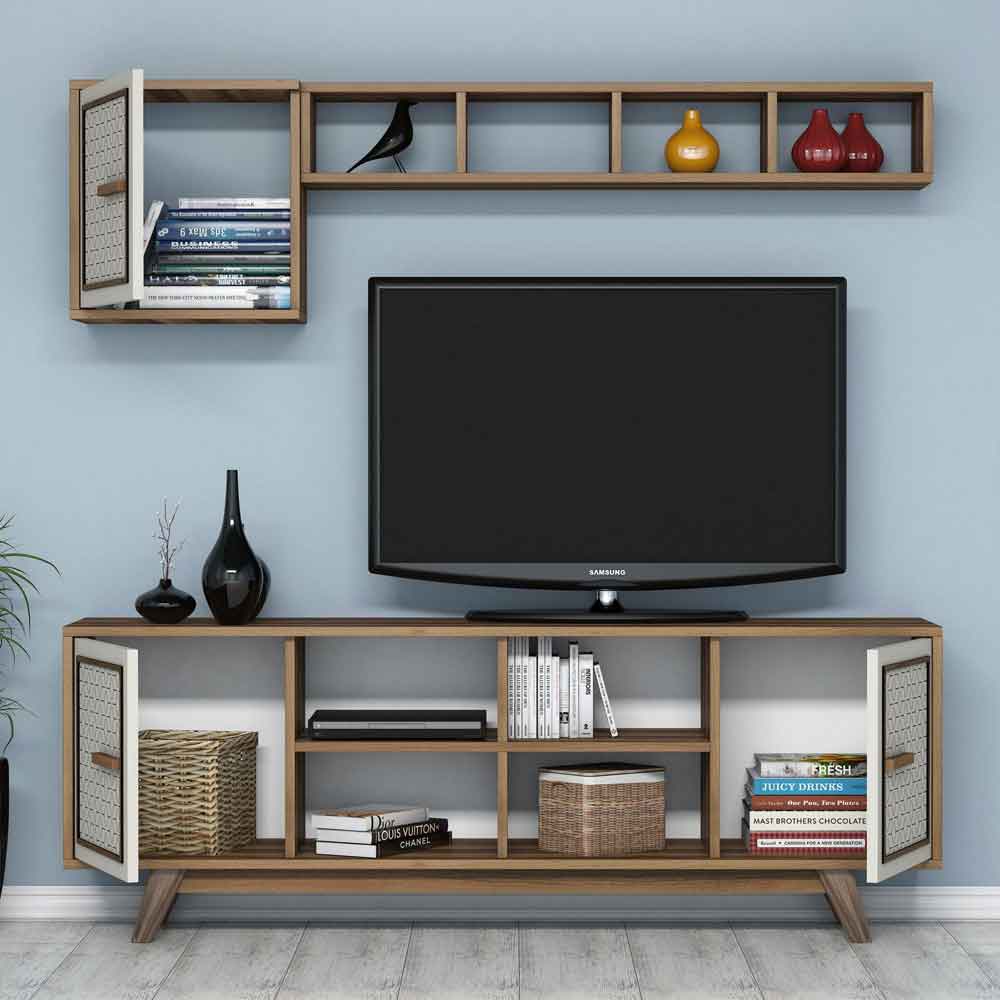 Ayla Wooden Entertainment Unit with Coffee Table Set in Walnut and Cream