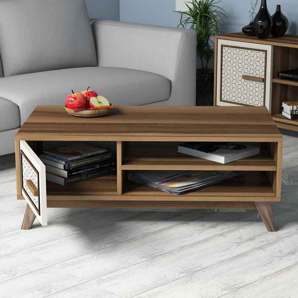 Ayla Wooden Entertainment Unit with Coffee Table Set in Walnut and Cream