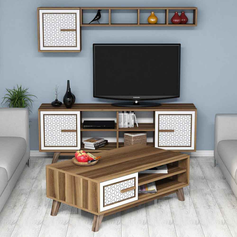 Ayla Wooden Entertainment Unit with Coffee Table Set in Walnut and White