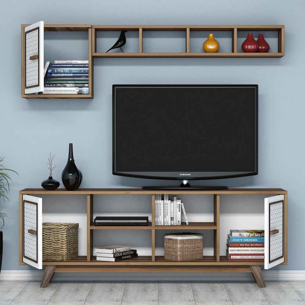 Ayla Wooden Entertainment Unit with Coffee Table Set in Walnut and White