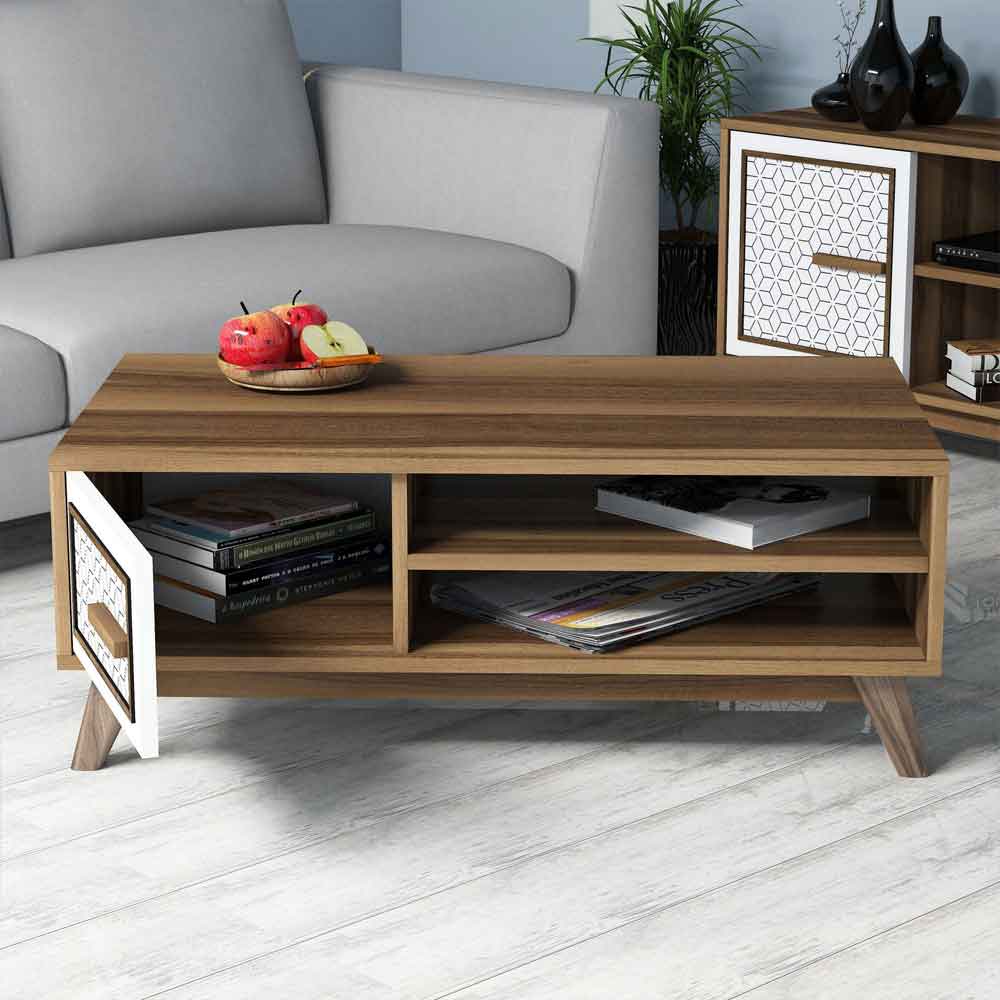 Ayla Wooden Entertainment Unit with Coffee Table Set in Walnut and White