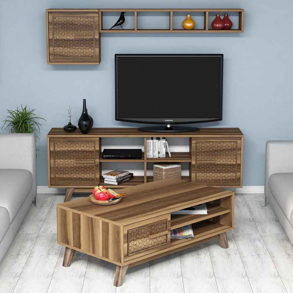 Ayla Wooden Entertainment Unit with Coffee Table Set in Walnut