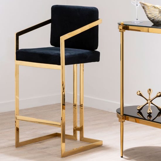 Azaltro Black Velvet Bar Chair With Gold Steel Frame