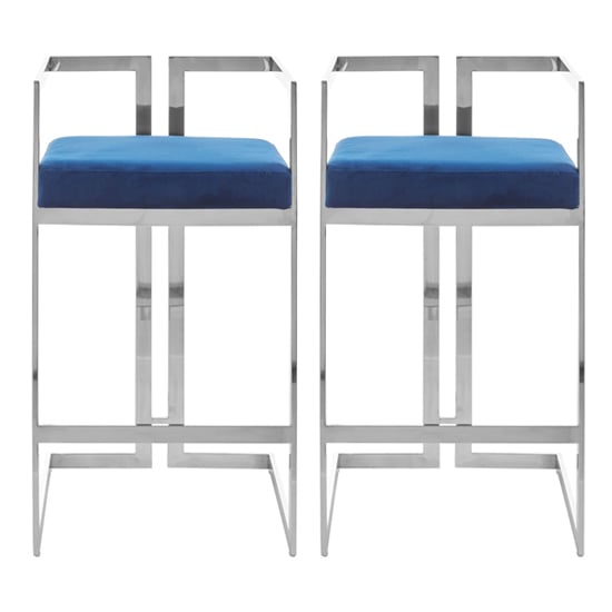 Read more about Azaltro blue velvet bar stools with silver metalframe in pair