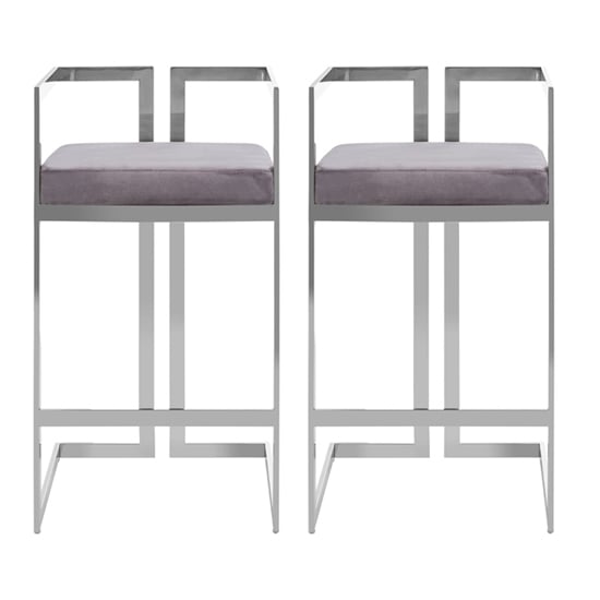 Azaltro Grey Velvet Bar Stools With Silver Metalframe In Pair