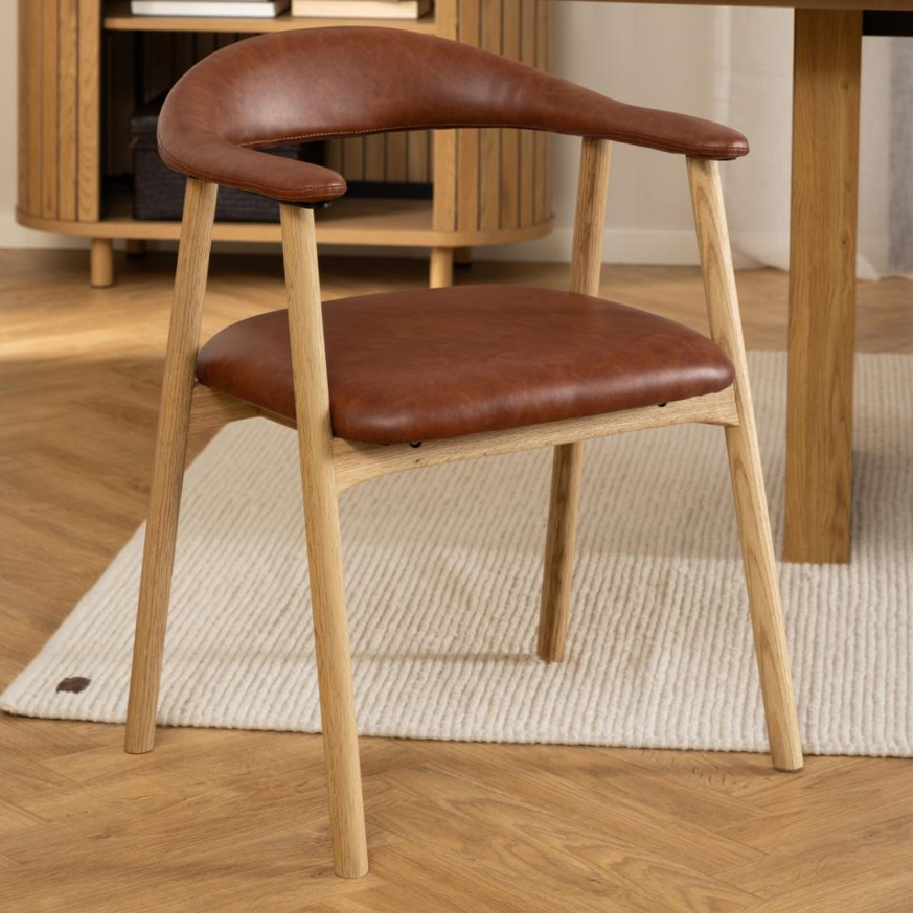 Aztec Brown PU Leather Dining Chairs With Oak Frame In Pair