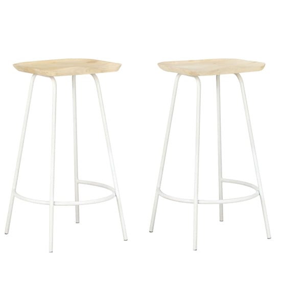 Azul Natural Wooden Bar Stools With White Metal Frame In A Pair