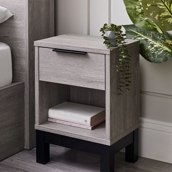 Read more about Baara wooden bedside cabinet with 1 drawer in grey oak
