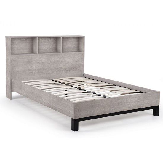 Baara Wooden King Size Bed With Bookcase Headboard In Grey Oak