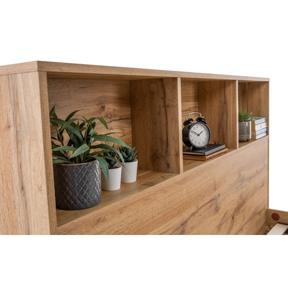 Baara Wooden King Size Bed With Bookcase Headboard In Oak