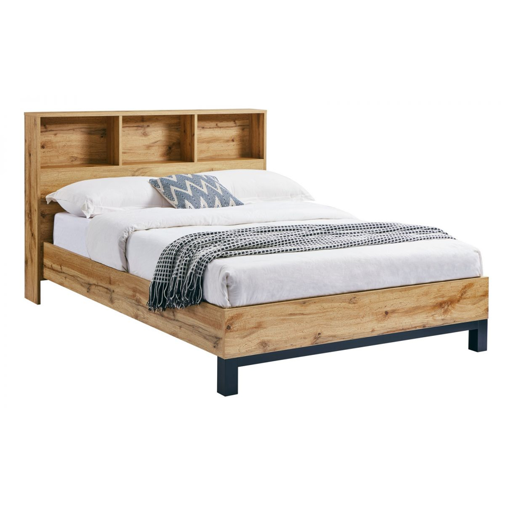 Baara Wooden King Size Bed With Bookcase Headboard In Oak