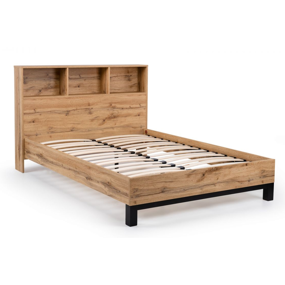Baara Wooden King Size Bed With Bookcase Headboard In Oak