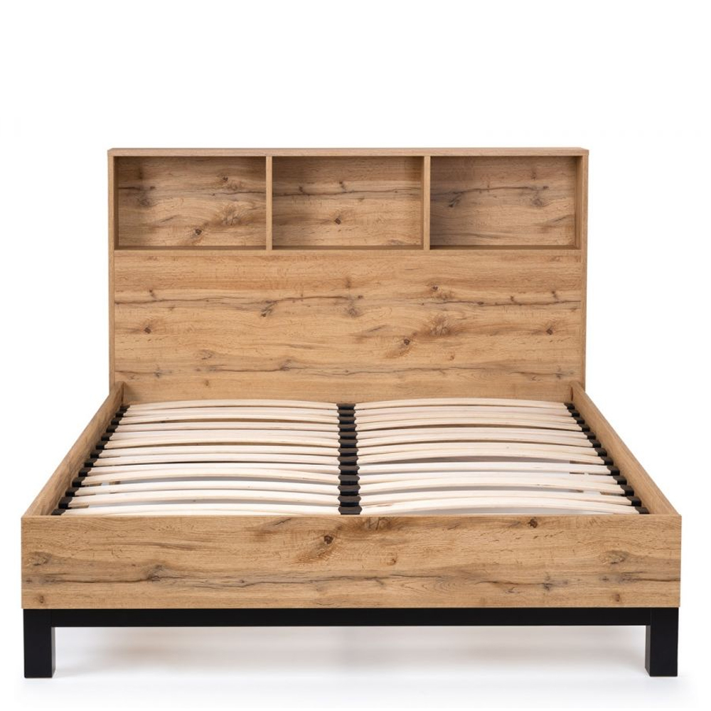 Baara Wooden King Size Bed With Bookcase Headboard In Oak