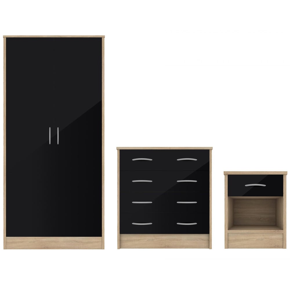 Babylon Wooden Bedroom Set 2 Black Gloss Doors Wardrobe In Oak