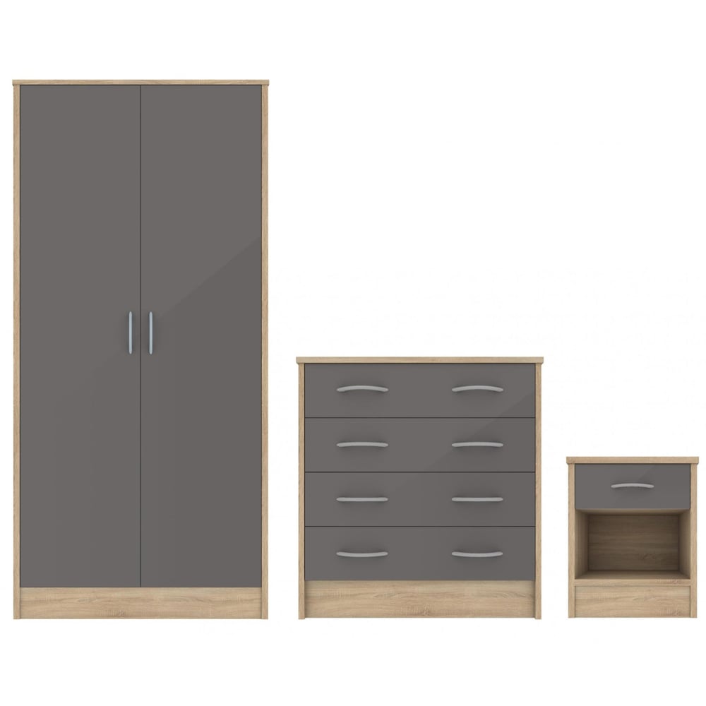 Babylon Wooden Bedroom Set 2 Grey Gloss Doors Wardrobe In Oak