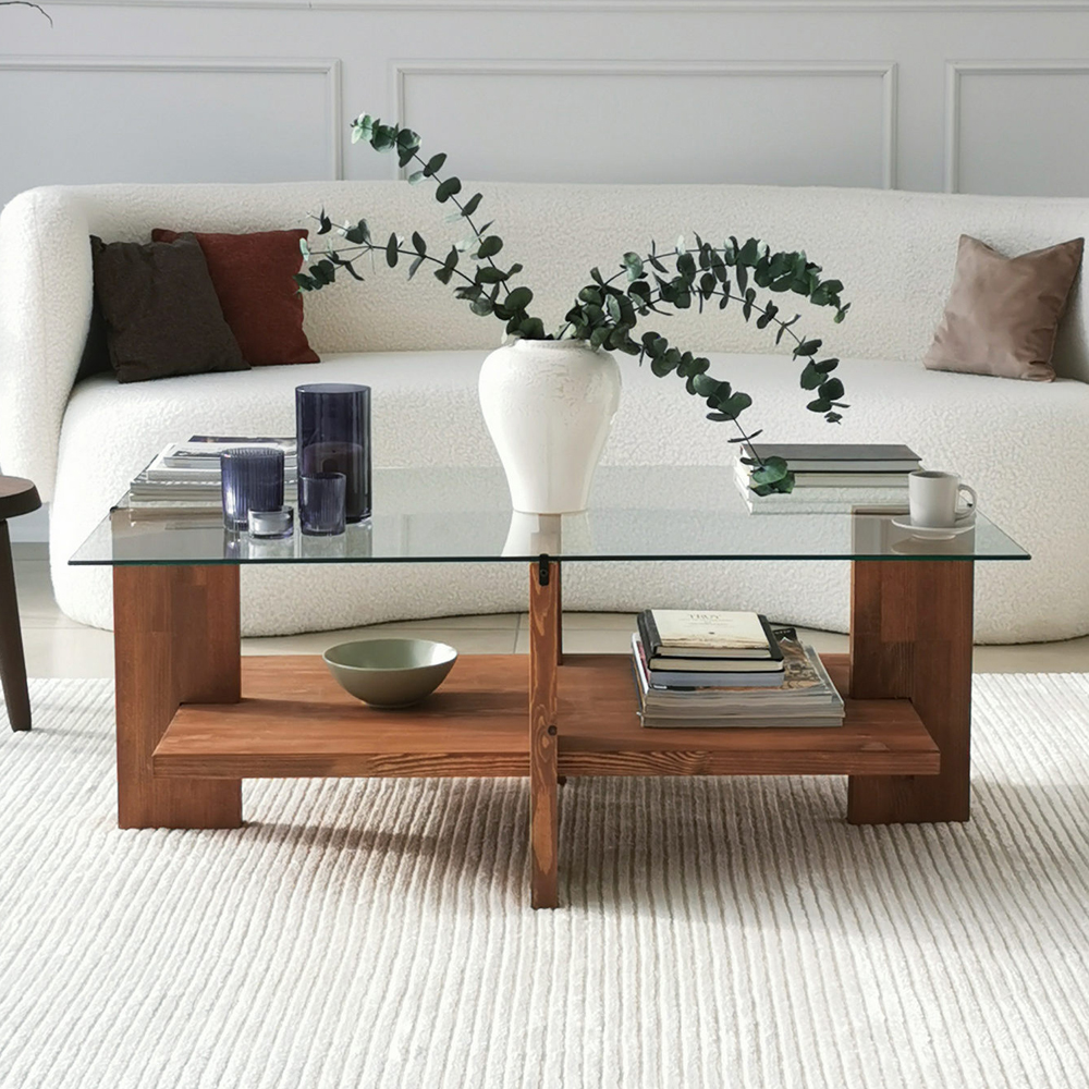 Babylonia Tempered Glass Coffee Table With Solid Wood Frame Walnut