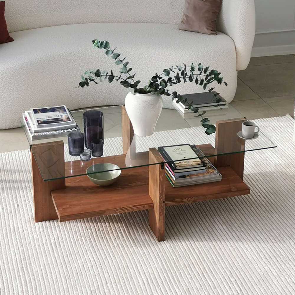 Babylonia Tempered Glass Coffee Table With Solid Wood Frame Walnut