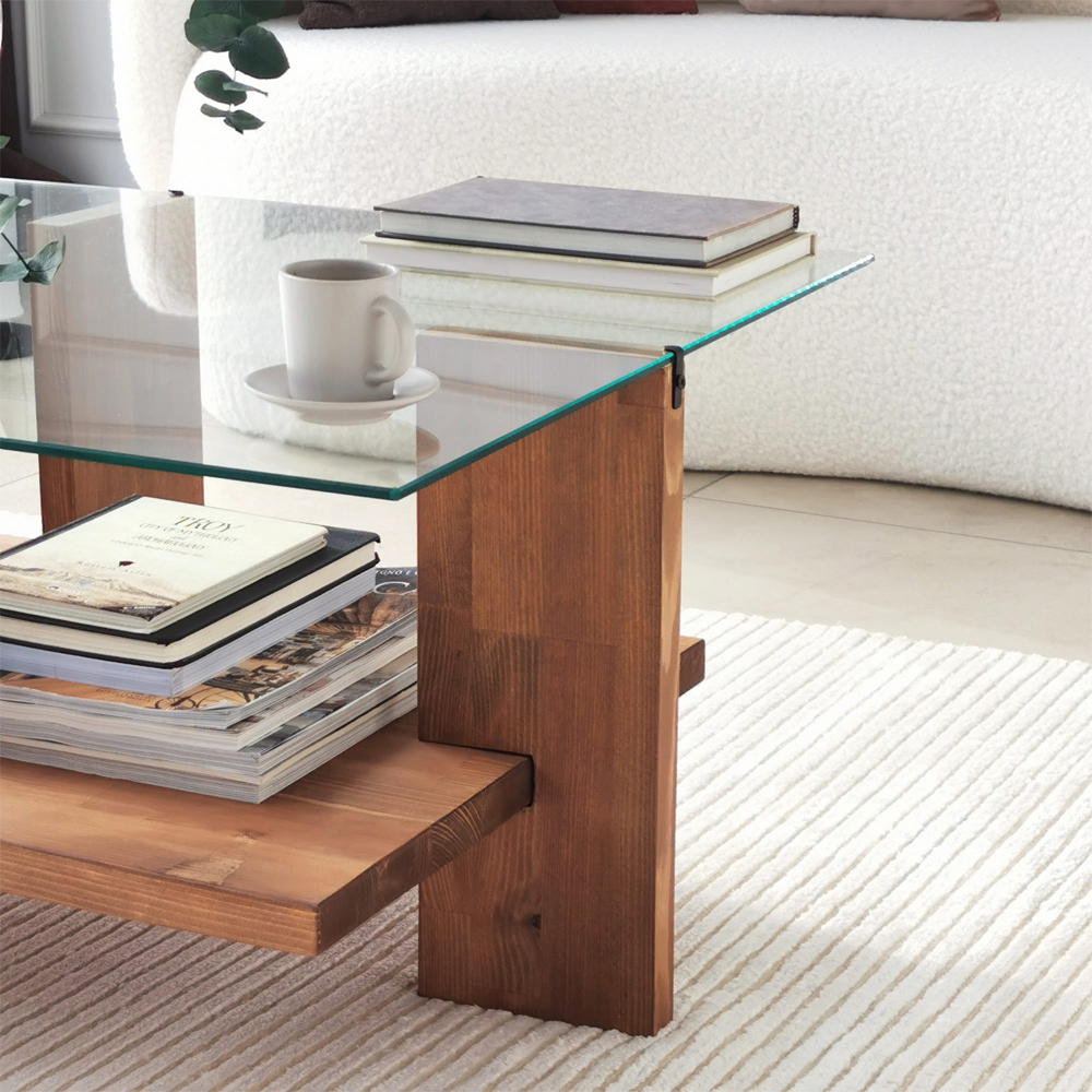 Babylonia Tempered Glass Coffee Table With Solid Wood Frame Walnut