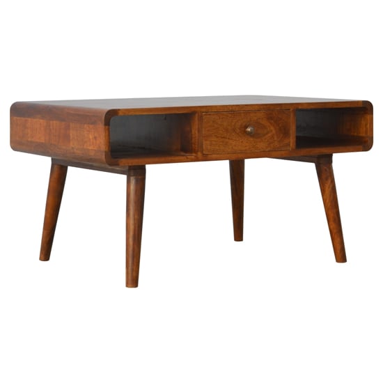 Photo of Bacon wooden curved coffee table in chestnut with 2 drawers
