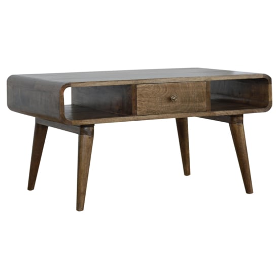 Photo of Bacon wooden curved coffee table in grey washed with 2 drawers