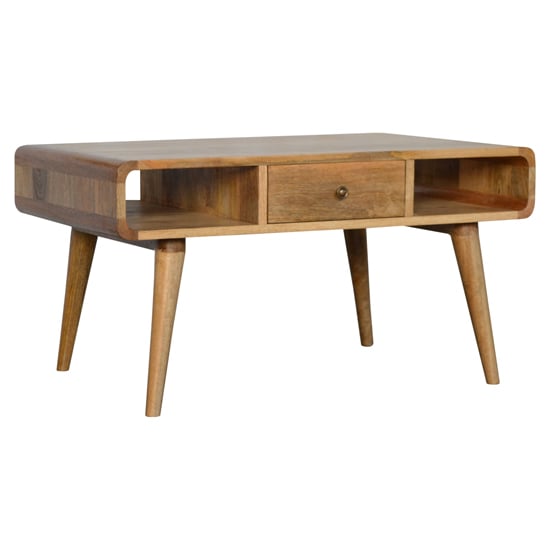 Photo of Bacon wooden curved coffee table in oak ish with 2 drawers