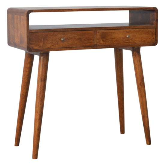 Read more about Bacon wooden curved console table in chestnut with 2 drawers