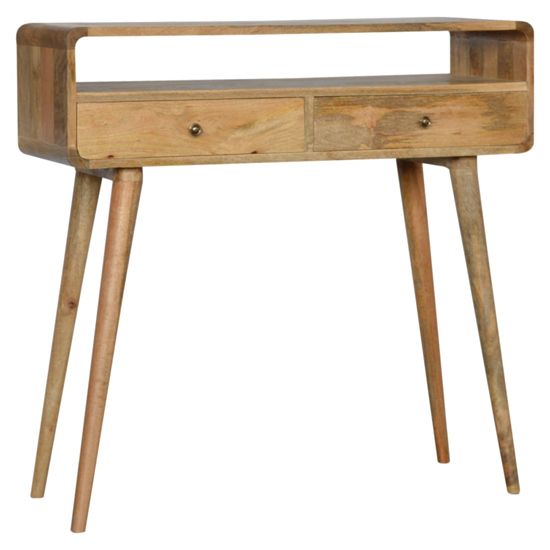 Read more about Bacon wooden curved console table in oak ish with 2 drawers