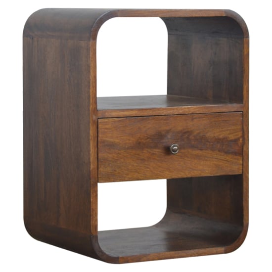 Product photograph of Bacon Wooden Curved Edge Bedside Cabinet In Chestnut 1 Drawer from Furniture in Fashion