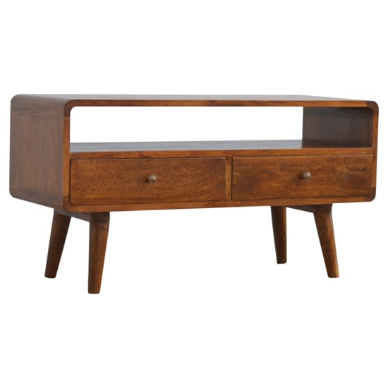 Product photograph of Bacon Wooden Curved Tv Stand In Chestnut With 2 Drawers from Furniture in Fashion