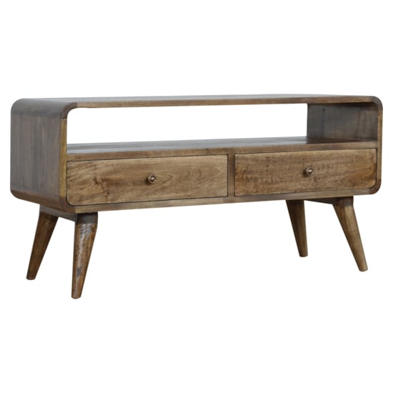Read more about Bacon wooden curved tv stand in grey washed with 2 drawers