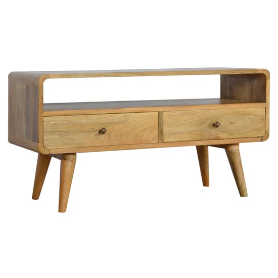 Product photograph of Bacon Wooden Curved Tv Stand In Oak Ish With 2 Drawers from Furniture in Fashion