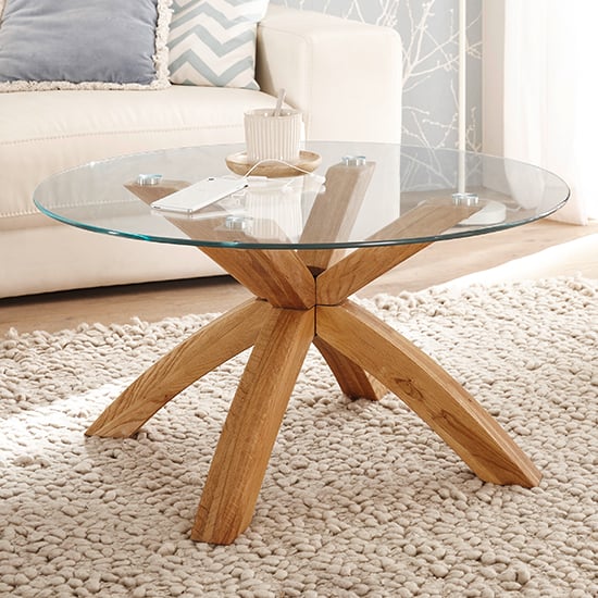 Product photograph of Bacoor Round Glass Coffee Table With Oak Wooden Legs from Furniture in Fashion