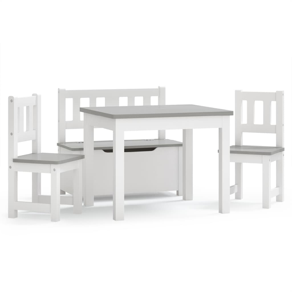 Bagdad Wooden Children Table With 2 Chairs 1 Bench In White Grey