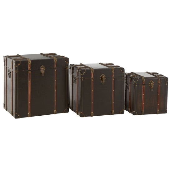 Photo of Bagort wooden set of 3 storage trunks in brown leather effect