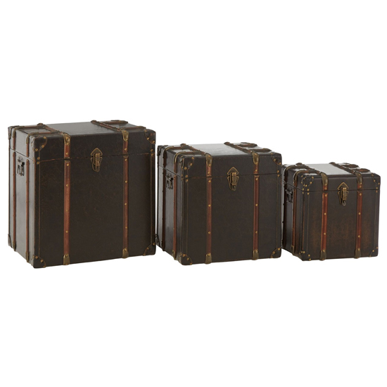 Bagort Wooden Set Of 3 Storage Trunks In Brown Leather Effect thumbnail