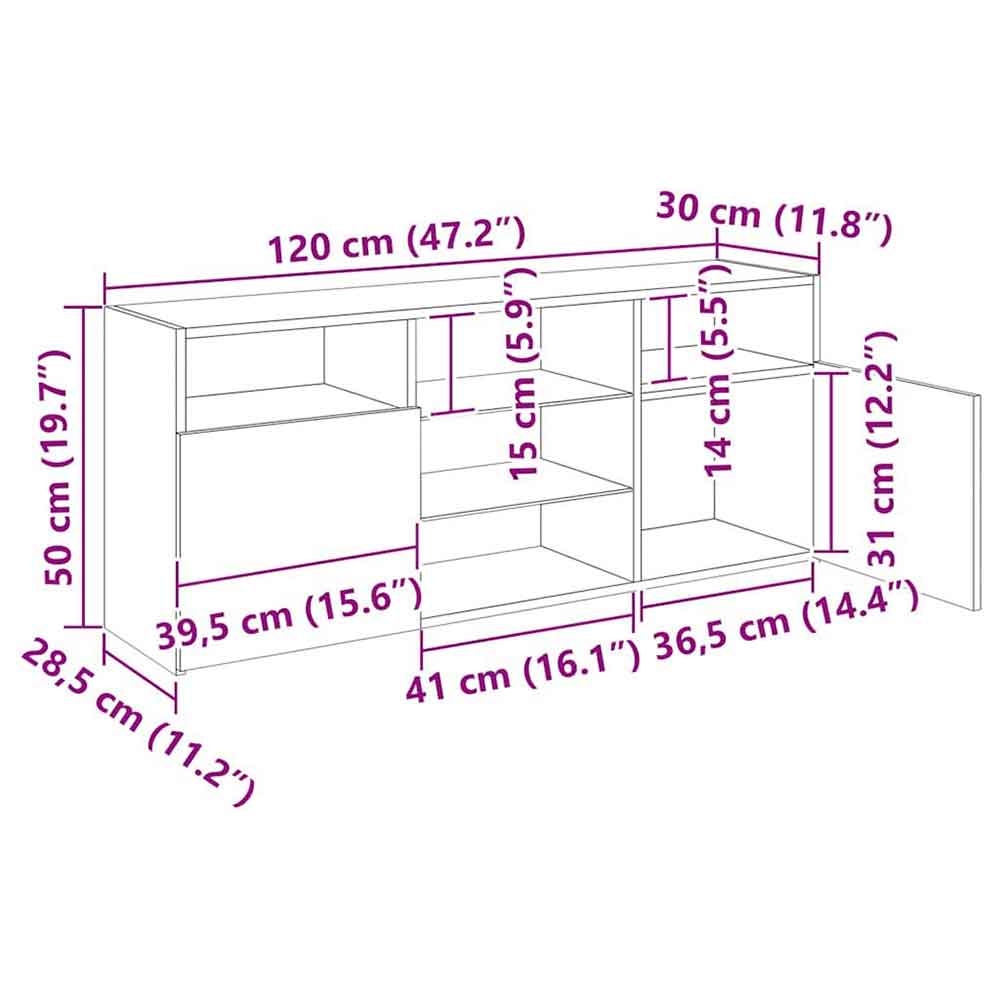 Baina 120cm Wooden TV Sideboard With 2 Doors And LED Lighting - Concrete Grey