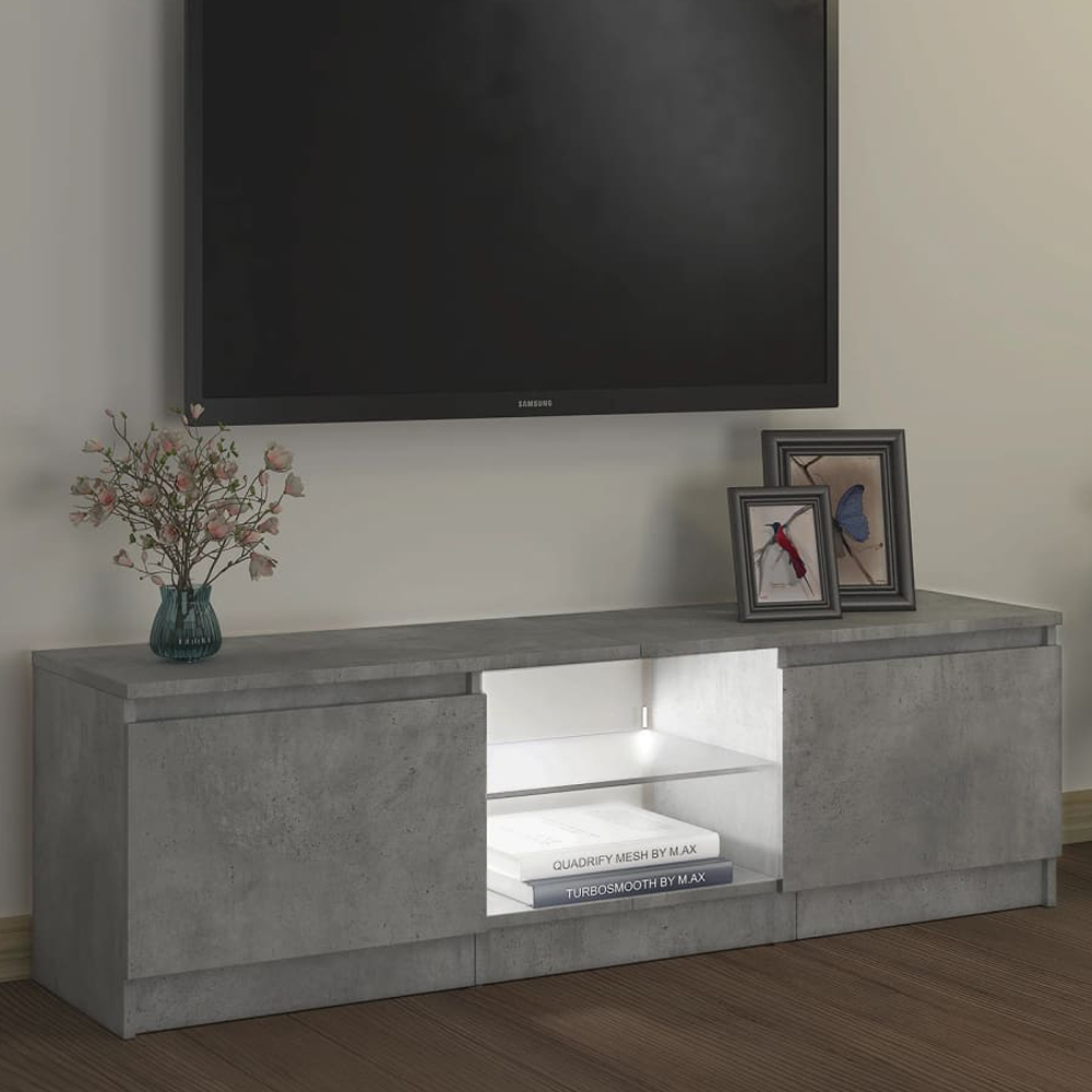 Baina 120cm Wooden TV Stand With 2 Doors And LED Lighting - Concrete Grey