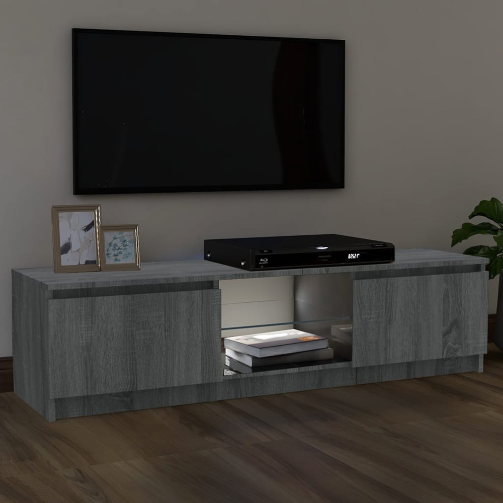 Baina 120cm Wooden TV Stand With 2 Doors And LED Lighting - Grey Sonoma