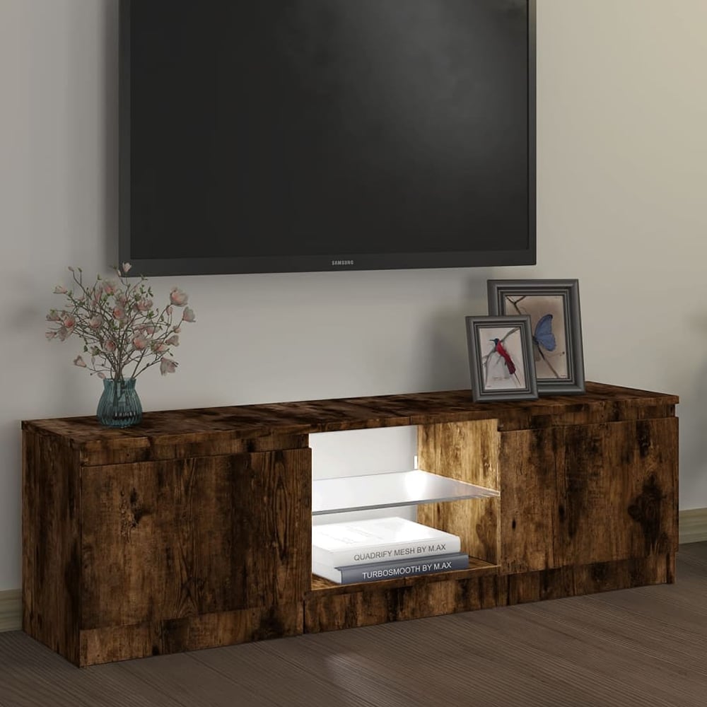 Baina 120cm Wooden TV Stand With 2 Doors And LED Lighting - Smoked Oak