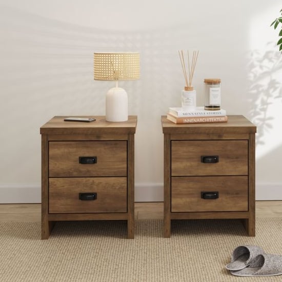 Product photograph of Balcombe Knotty Oak Wooden Bedside Cabinet 2 Drawers In Pair from Furniture in Fashion