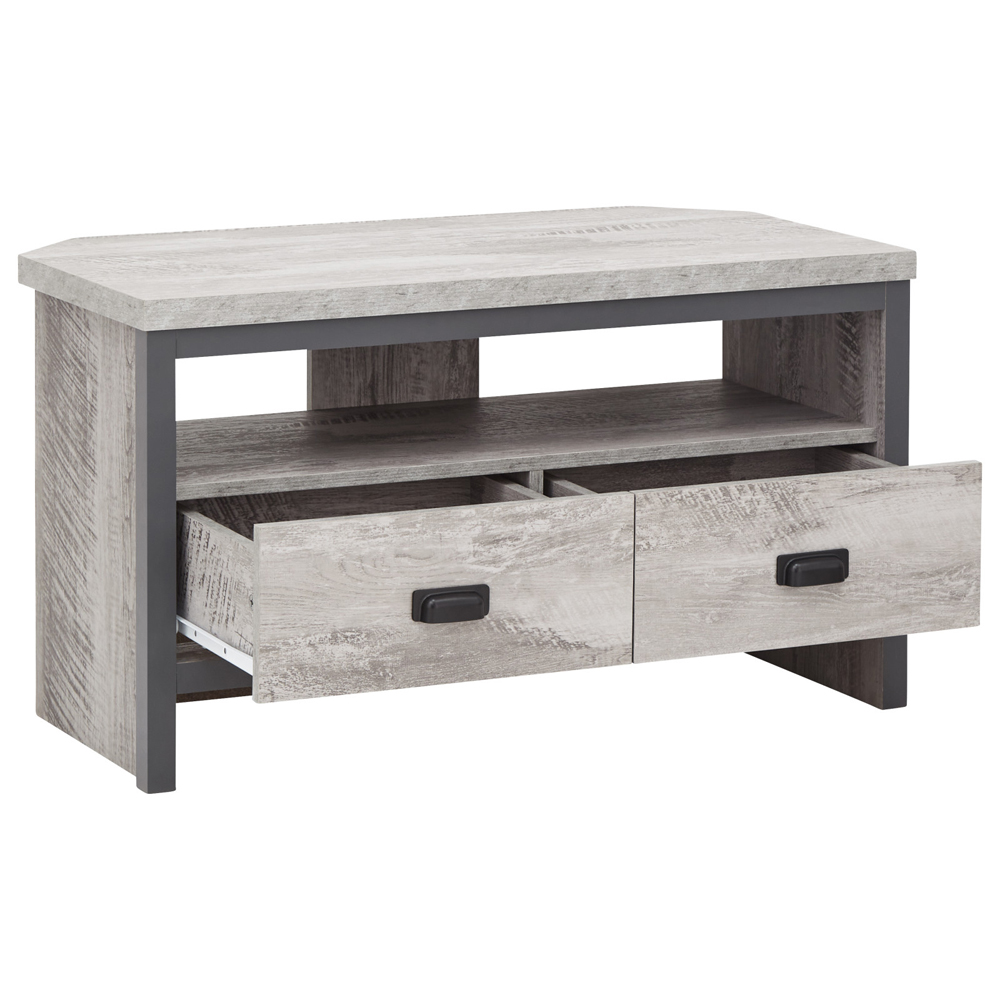 Balcombe Wooden Corner TV Stand With 2 Drawers In Grey