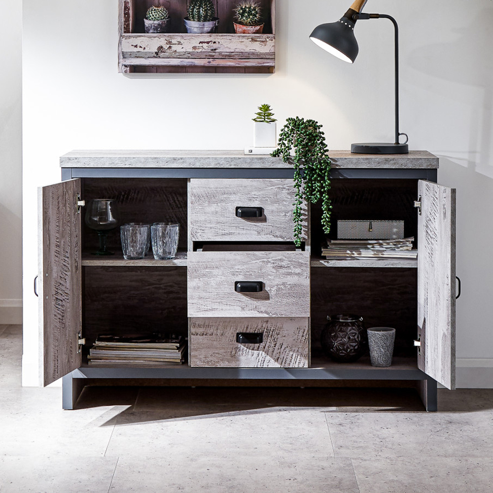 Balcombe Wooden Sideboard With 2 Doors 3 Drawers In Grey
