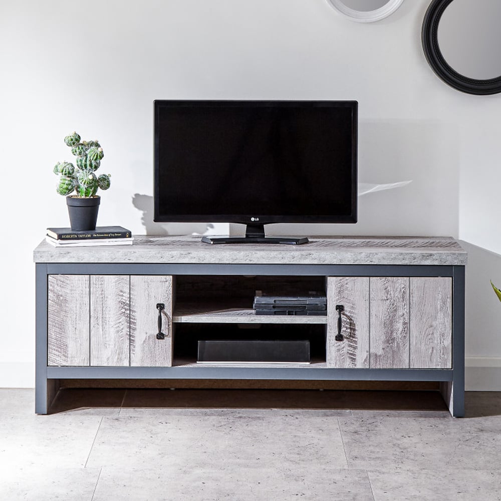 Balcombe Wooden TV Stand With 2 Doors In Grey