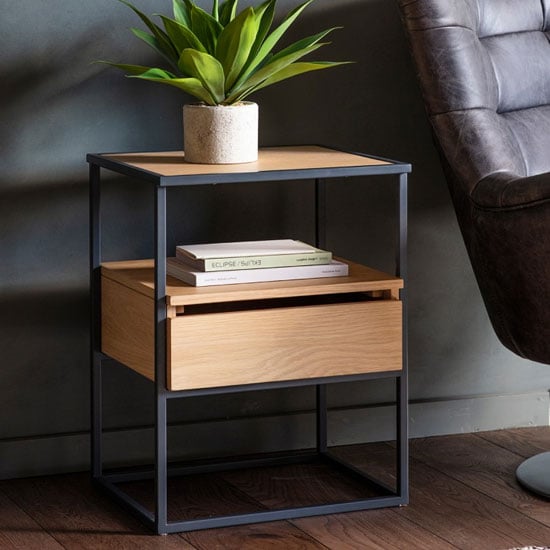 Balham Wooden Side Table In Oak With Metal Frame FiF