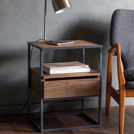 Balham Wooden Side Table In Smoked With Metal Frame